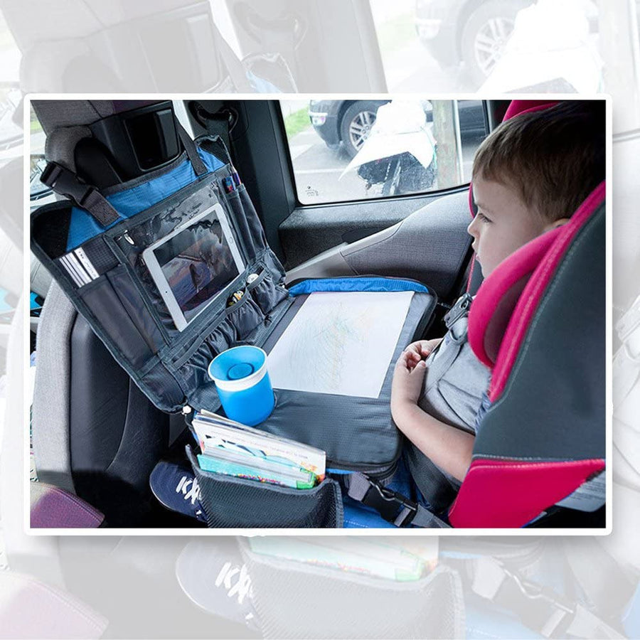 [UPGRADED] Kids Travel Tray for Eat and Play Toddlers Backseat Organizer iPad & Tablet Holder 17 Inch by 13 Inch Large Mesh Side Pockets & Water Bottle Holder